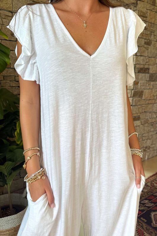 Made in Italy Bay Slub Mamma Mia Frill Jumpsuit White
